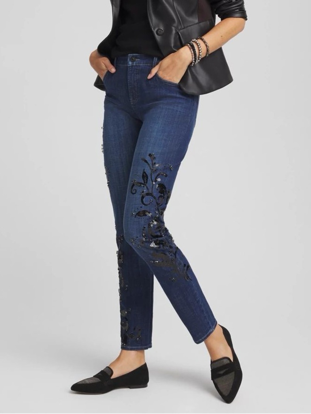 Chico’s Sequin Embellished Girlfriend Slim Leg Ankle Jean